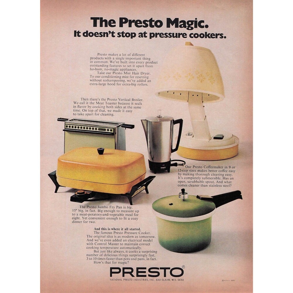 1972 Presto Appliances Vintage Print Ad Pressure Cooker Hair Dryer Fry Pan Decor